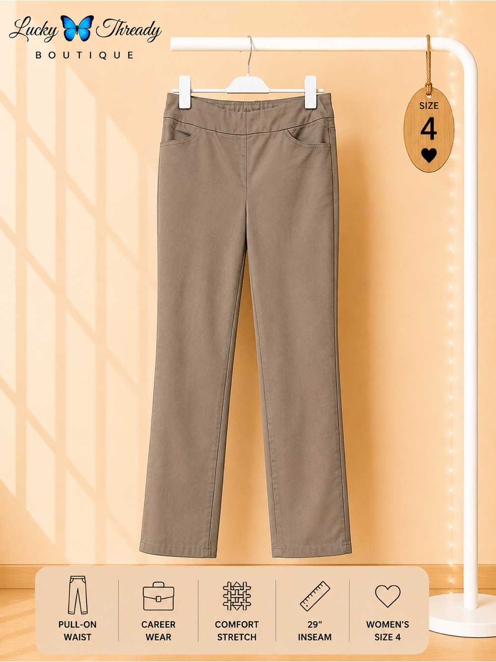 Khaki Pull-On Dress Pants Straight Leg Career Size 4 29” Inseam